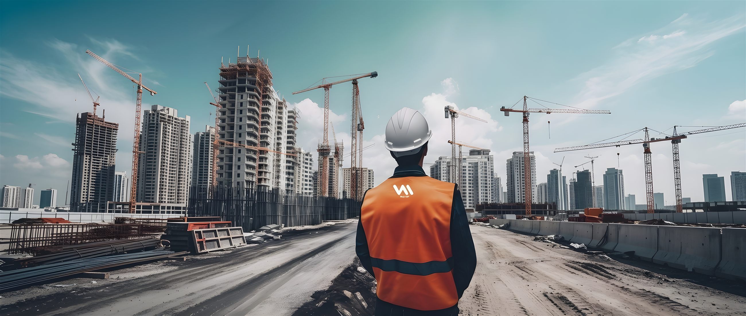 Whyt CXP site engineer in a branded safety vest overlooking an active construction site in Ghana